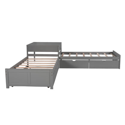 L-shaped platform bed by HouseOfZazla with built-in desk, gray finish, trundle and drawers on Tampa Home & Garden Store
