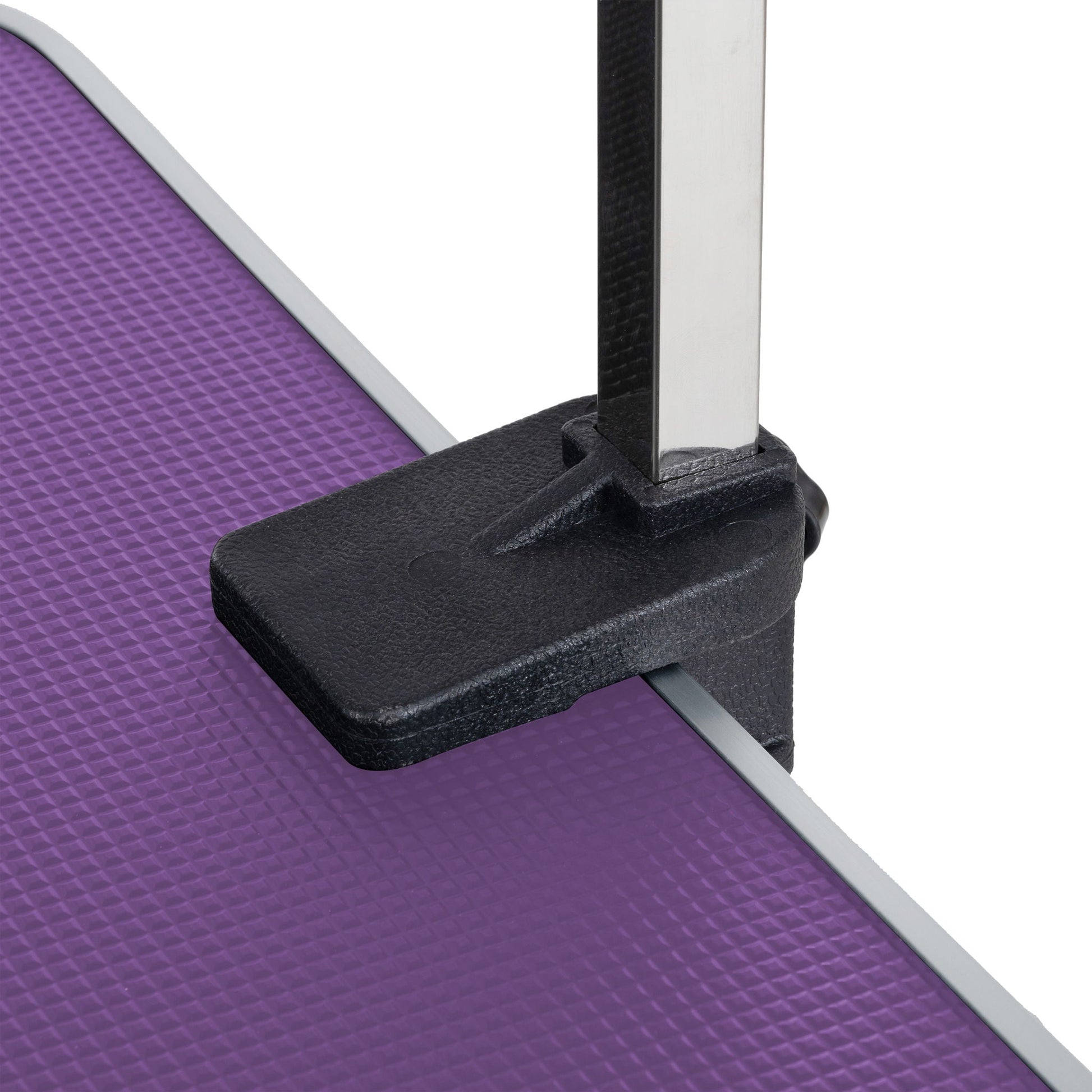 Folding dog grooming table with purple rubber mat, stainless steel frame and adjustable arm on Tampa Home & Garden Store