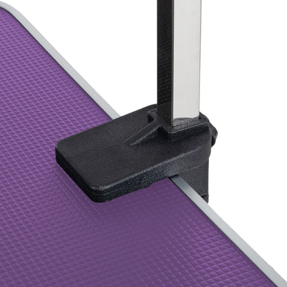 Folding dog grooming table with purple rubber mat, stainless steel frame and adjustable arm on Tampa Home & Garden Store