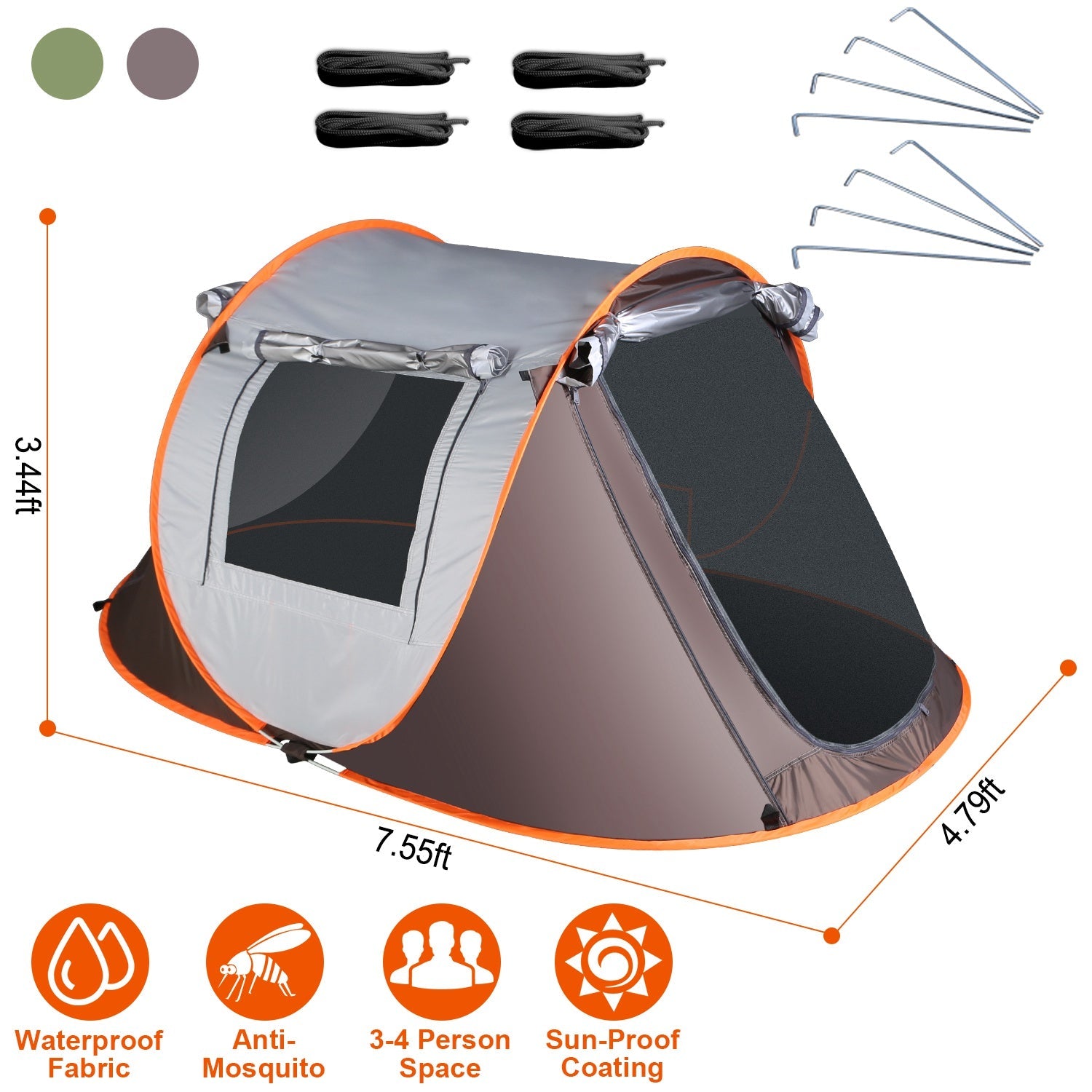 GemGear 3-4 Person Pop Up Tent orange trim waterproof fabric with mosquito-net windows carry bag on Tampa Home & Garden Store
