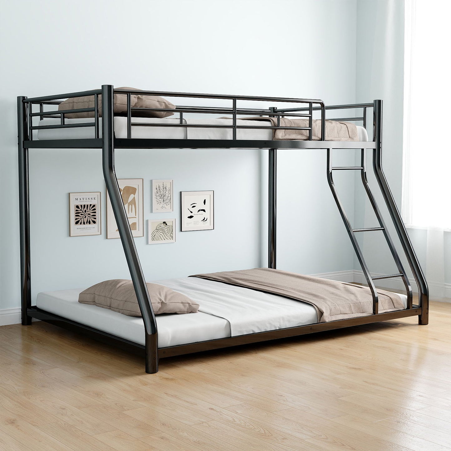 Sturdy Metal Bunk Bed With Ladder and Guardrail