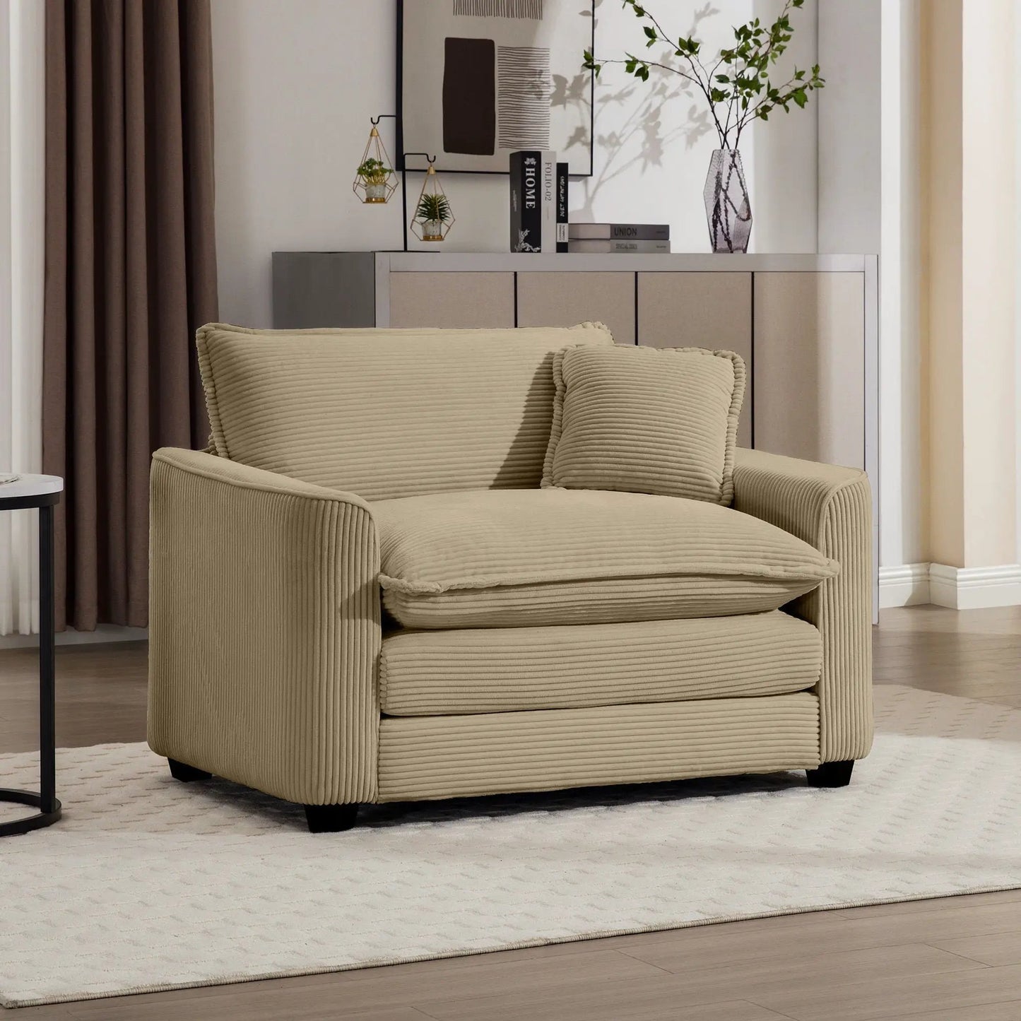 Modern Classic FabricArm Chair with deep ribbed seat and pillow in beige on Tampa Home & Garden Store