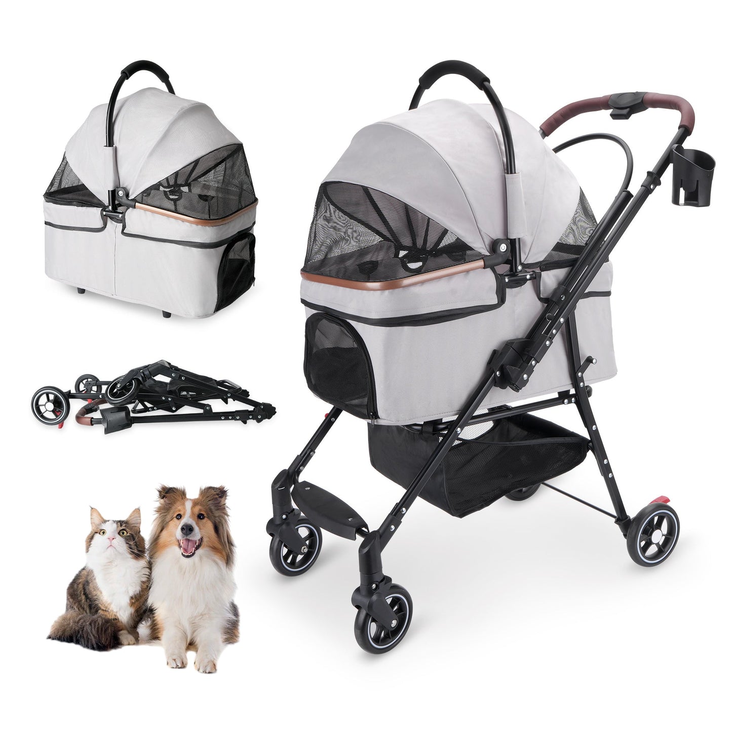4-Wheel Foldable Pet Stroller by HouseOfZazla, gray mesh sides, folded view, two views on Tampa Home & Garden Store