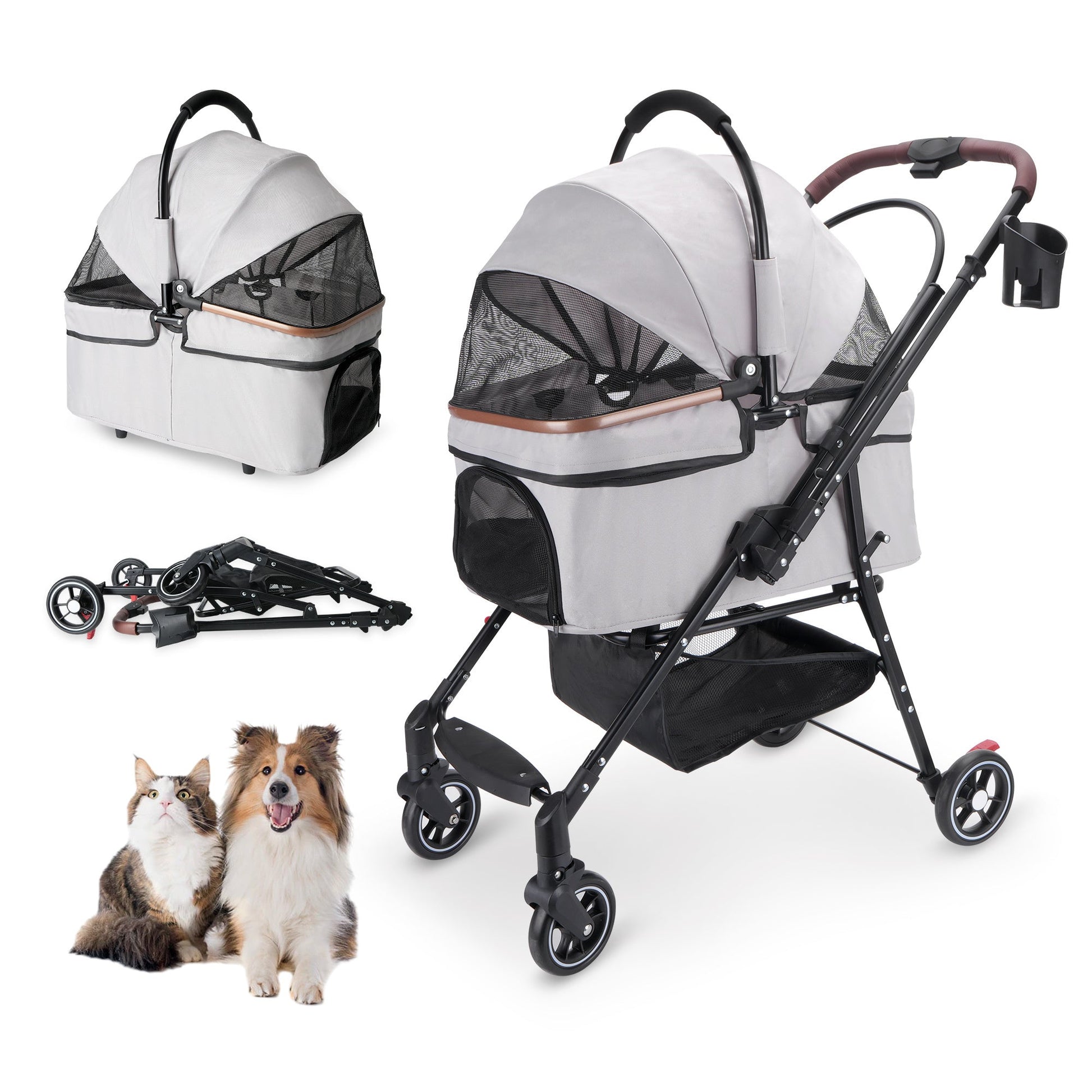 4-Wheel Foldable Pet Stroller by HouseOfZazla, gray mesh sides, folded view, two views on Tampa Home & Garden Store