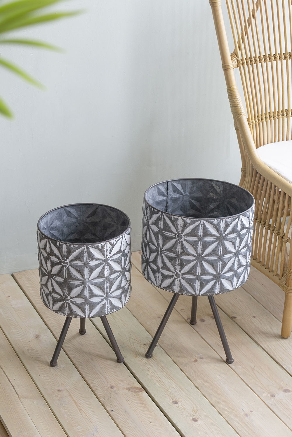 Planter stands set of 2, galvanized gray with geometric pattern and tripod legs HouseOfZazla on Tampa Home & Garden Store