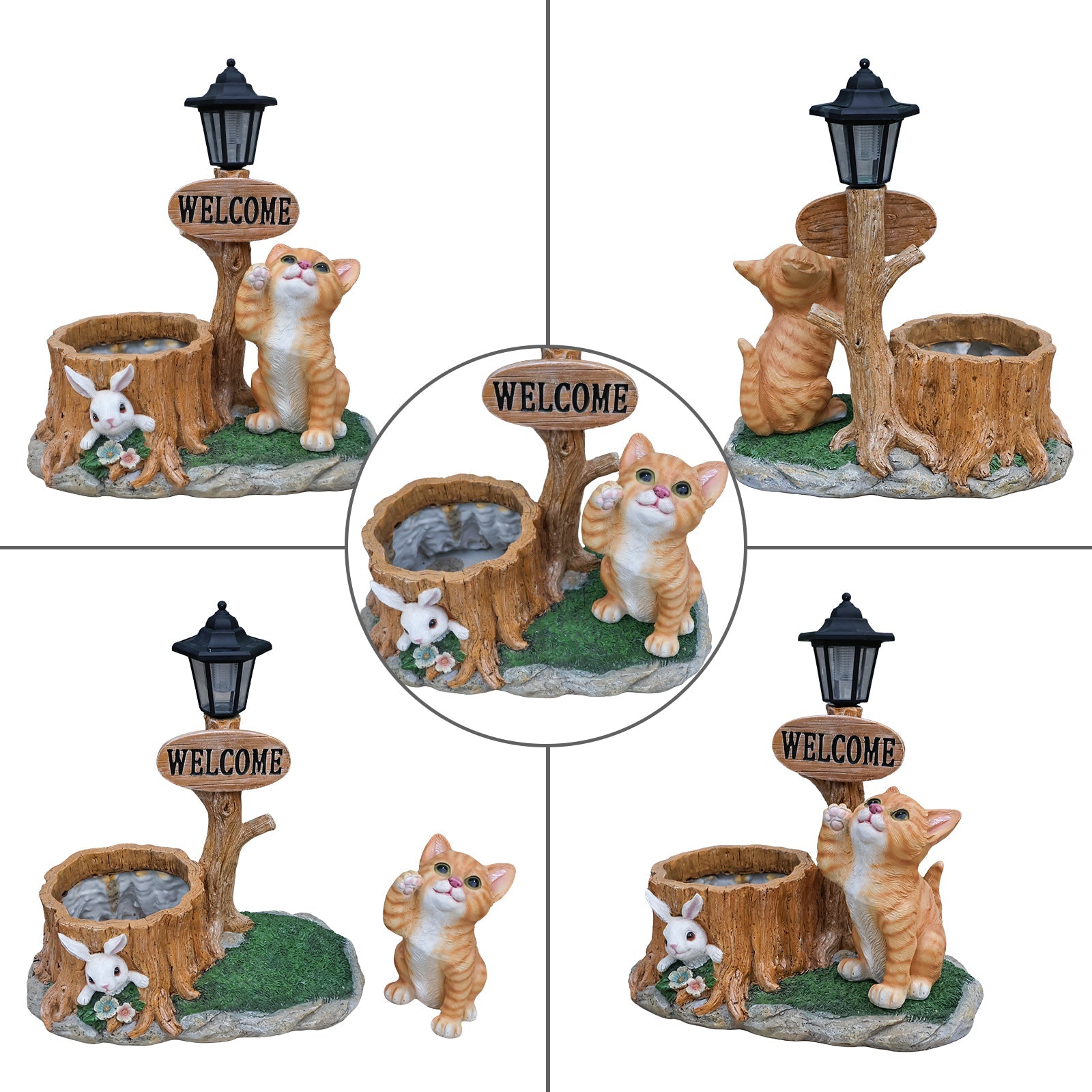 Cute cat planter statue garden decor by HouseOfZazla with lantern on rustic stump views on Tampa Home & Garden Store