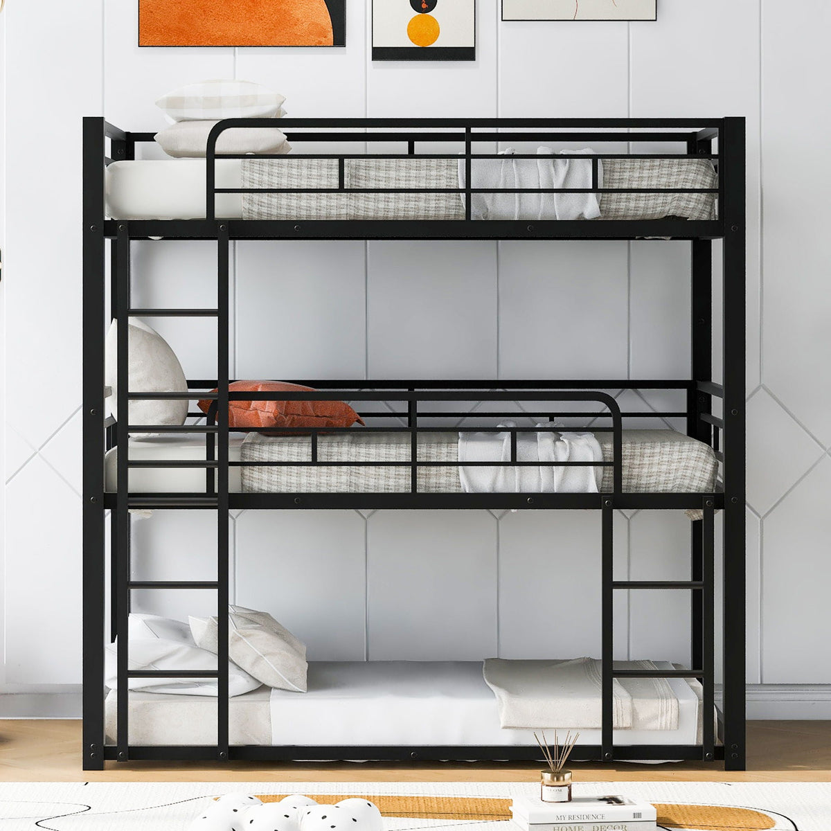 Triple bunk bed by HouseOfZazla in a black steel frame with space-saving ladder design on Tampa Home & Garden Store