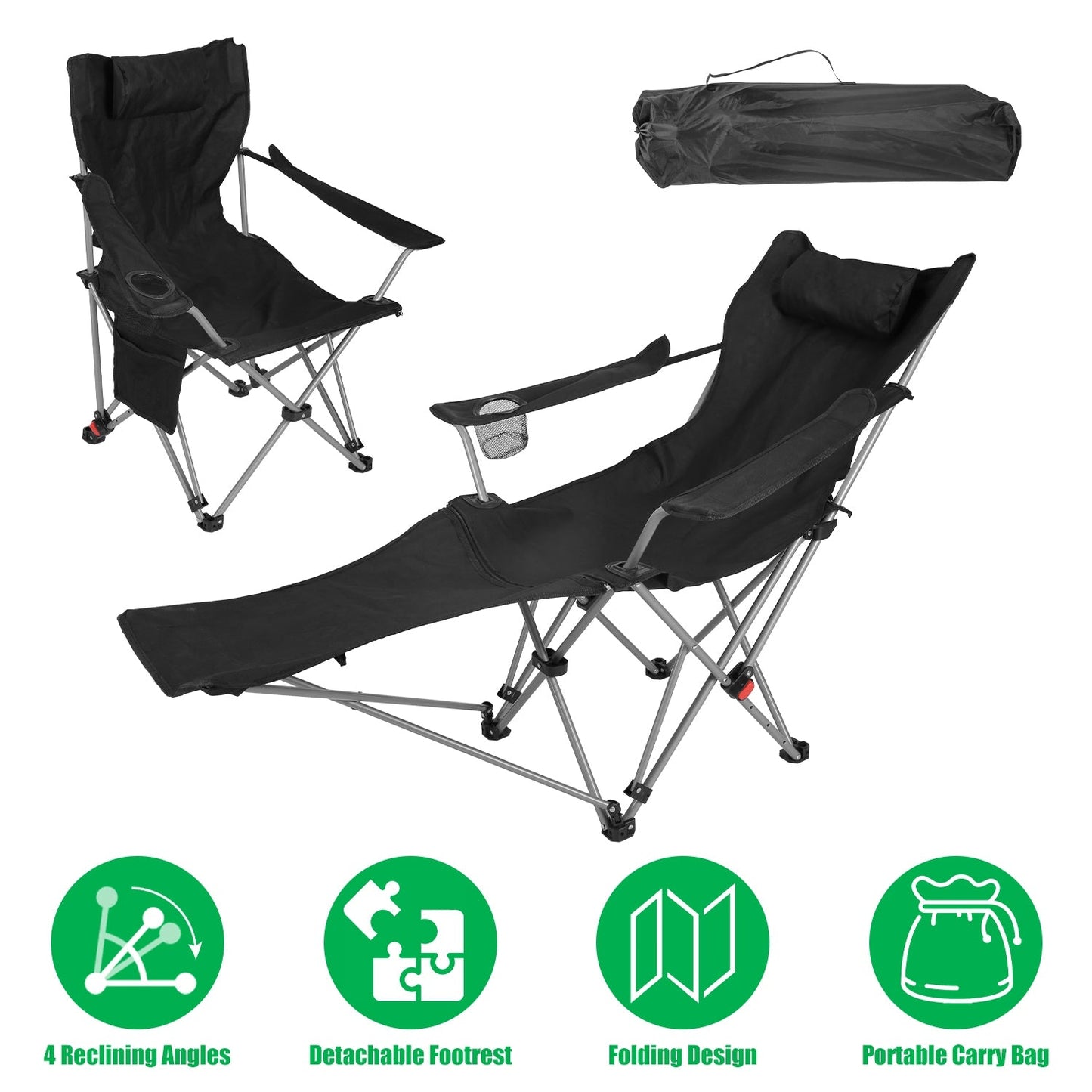 GemGear reclining camping chair with footrest, black, cup holder and headrest; 2-pack on Tampa Home & Garden Store