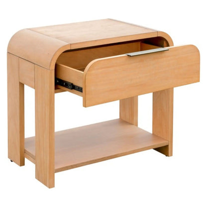 1 Drawer Waterfall Nightstand in natural wood with curved mid-century design on Tampa Home & Garden Store