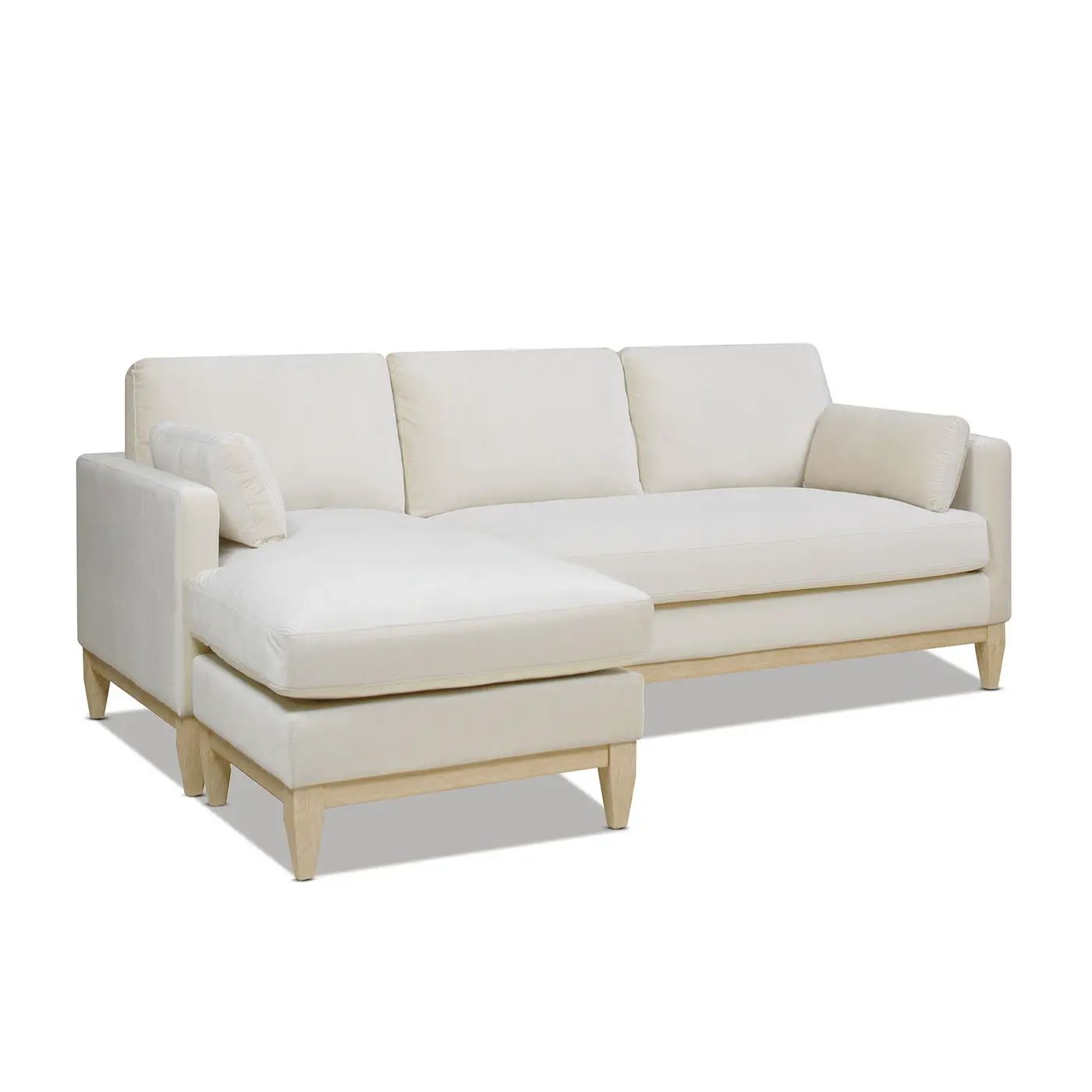 Knox Modern Farmhouse chaise sectional sofa with ottoman in cream fabric and wood legs on Tampa Home & Garden Store