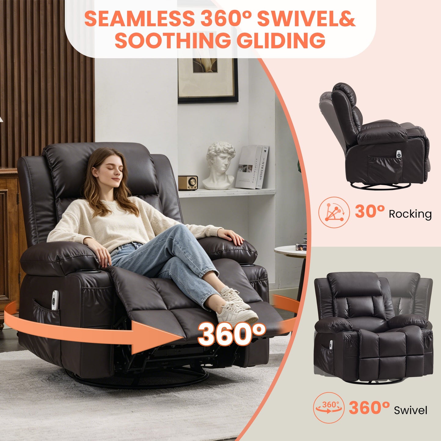 Leather Swivel Recliner with Heat and Massage