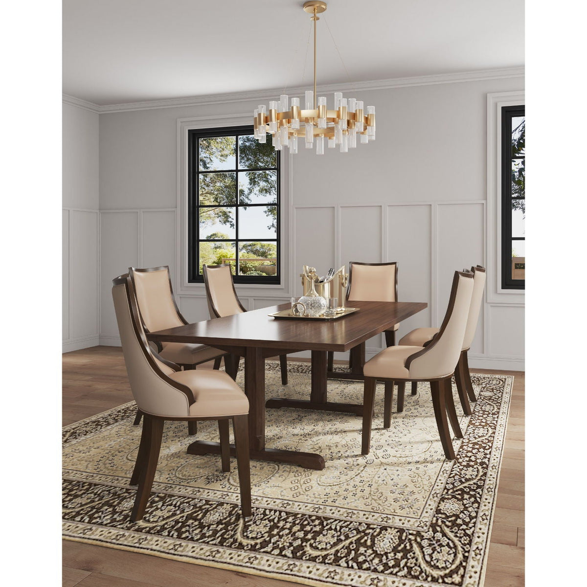 Grand dining chair set beige fabric, solid beech wood frames, six chairs around dark table on Tampa Home & Garden Store