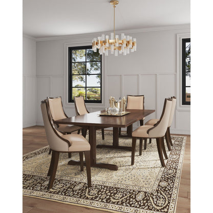 Grand dining chair set beige fabric, solid beech wood frames, six chairs around dark table on Tampa Home & Garden Store
