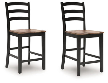 Wildenauer barstool set of 2, brown wood seats with black ladder-back frames on Tampa Home & Garden Store