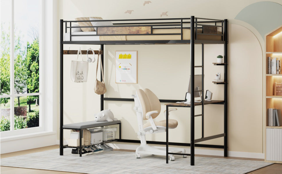 Twin size loft bed frame with desk, black metal, storage shelves by HouseOfZazla on Tampa Home & Garden Store
