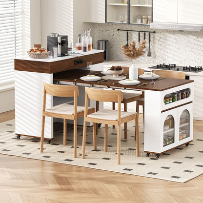 Extendable dining table with folding top and rolling island with drawers in white wood finish on Tampa Home & Garden Store