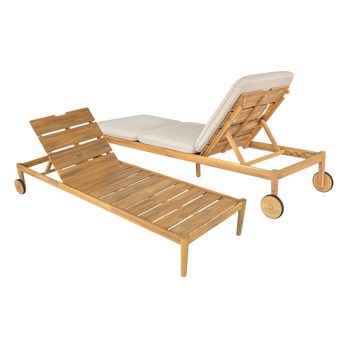 Riviera outdoor chaise lounge set of 2 with acacia wood frame and beige cushions by HouseOfZazla on Tampa Home & Garden Store