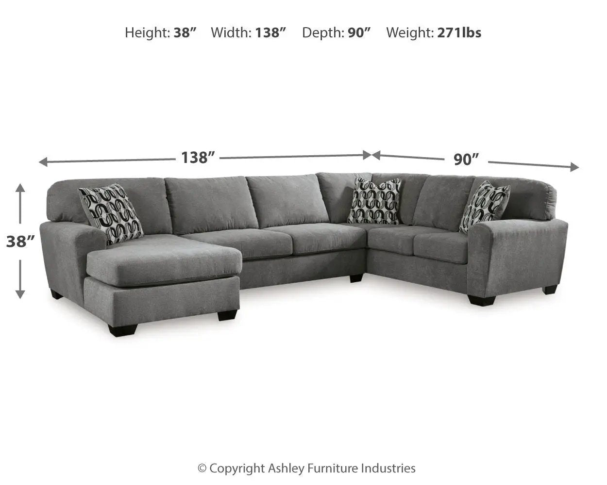 Birkdale Court stationary sectional sofa, gray fabric with left chaise, 138x90 inch layout on Tampa Home & Garden Store