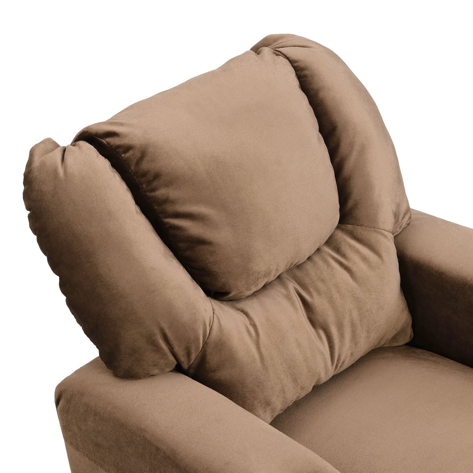 Kids recliner chair with taupe fabric upholstery and plush padded backrest cushions on Tampa Home & Garden Store