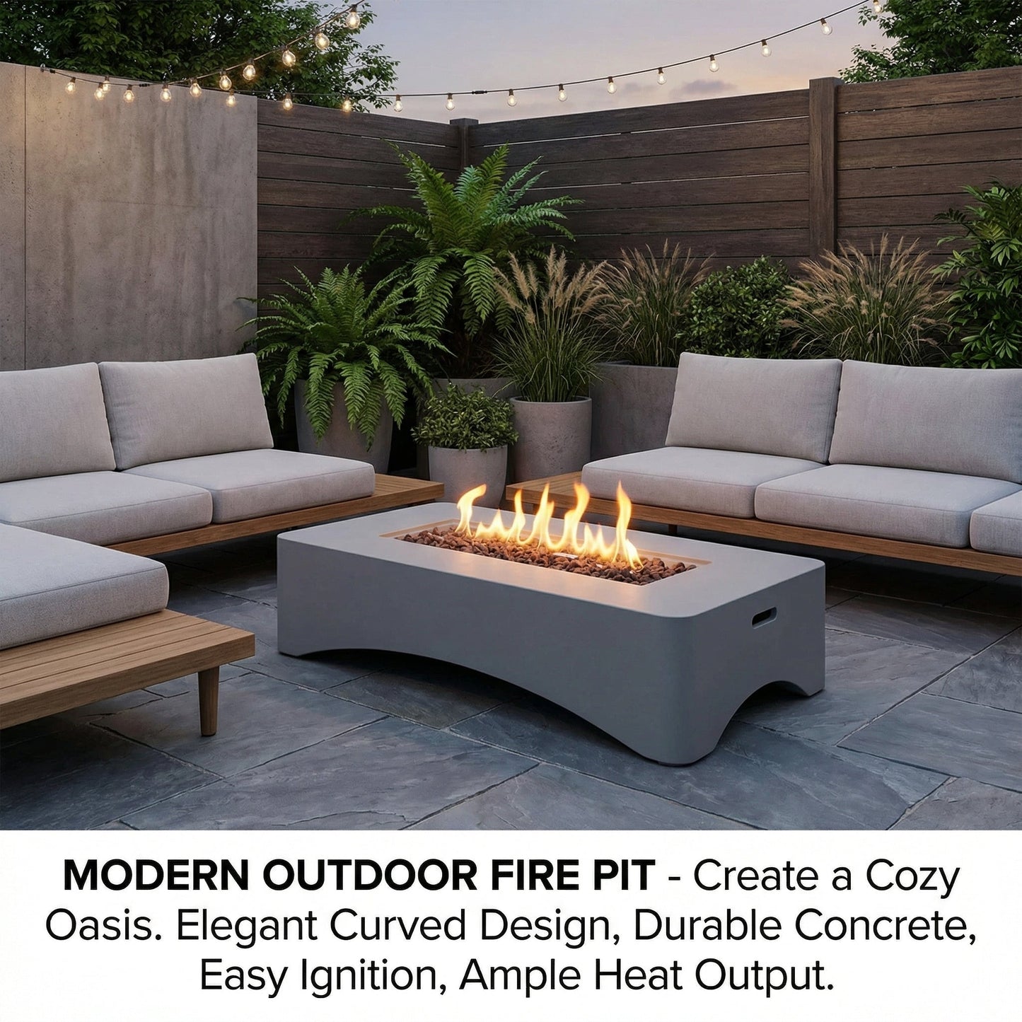 56-inch rectangular propane fire pit table with lava rock, set in a modern outdoor lounge on Tampa Home & Garden Store