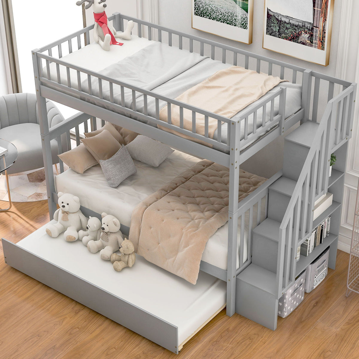 Bunk Bed With Staircase gray frame with right-side stairs by HouseOfZazla on Tampa Home & Garden Store