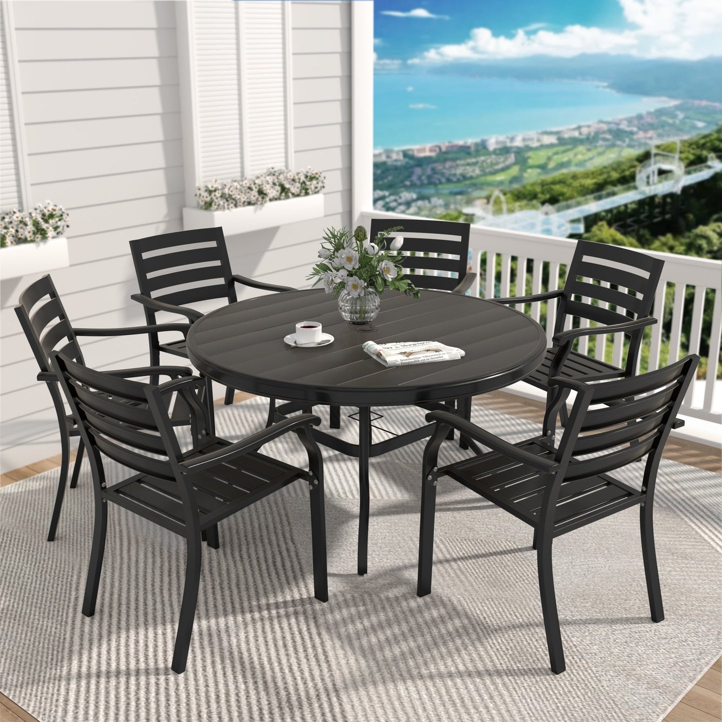 7-Piece Outdoor Patio Dining Set HouseOfZazla, black metal round table with slatted chairs on Tampa Home & Garden Store
