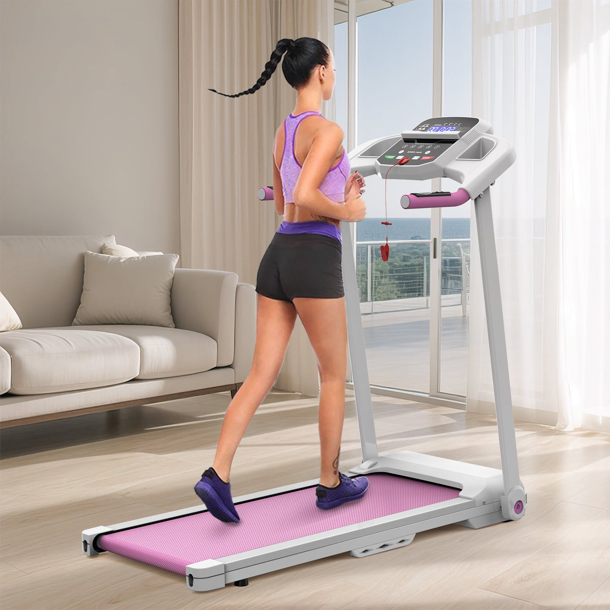 Foldable treadmill by HouseOfZazla with pink belt and gray frame, 2.5HP motor, home gym on Tampa Home & Garden Store