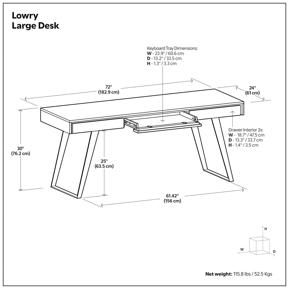 Handcrafted acacia writing desk with drawer storage, HouseOfZazla, Lowry Large Desk diagram on Tampa Home & Garden Store