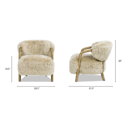 Rustic oak framed arm chair with taupe beige sheepskin upholstery, ergonomic comfort on Tampa Home & Garden Store