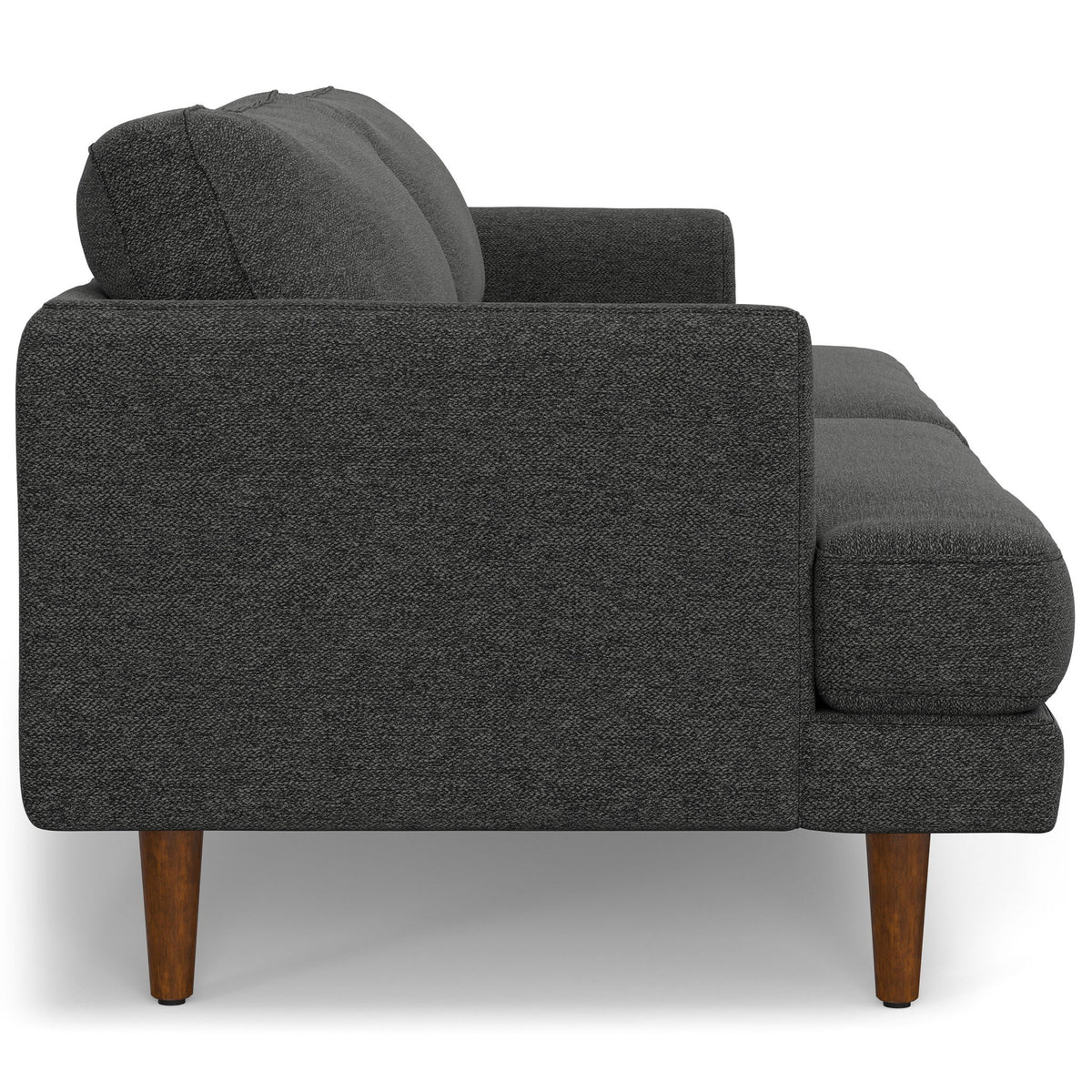 Livingston upholstered sofa side view in dark gray textured fabric with wooden legs on Tampa Home & Garden Store
