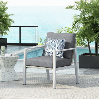 Modern rope-accented outdoor club chair by HouseOfZazla with grey cushions on Tampa Home & Garden Store