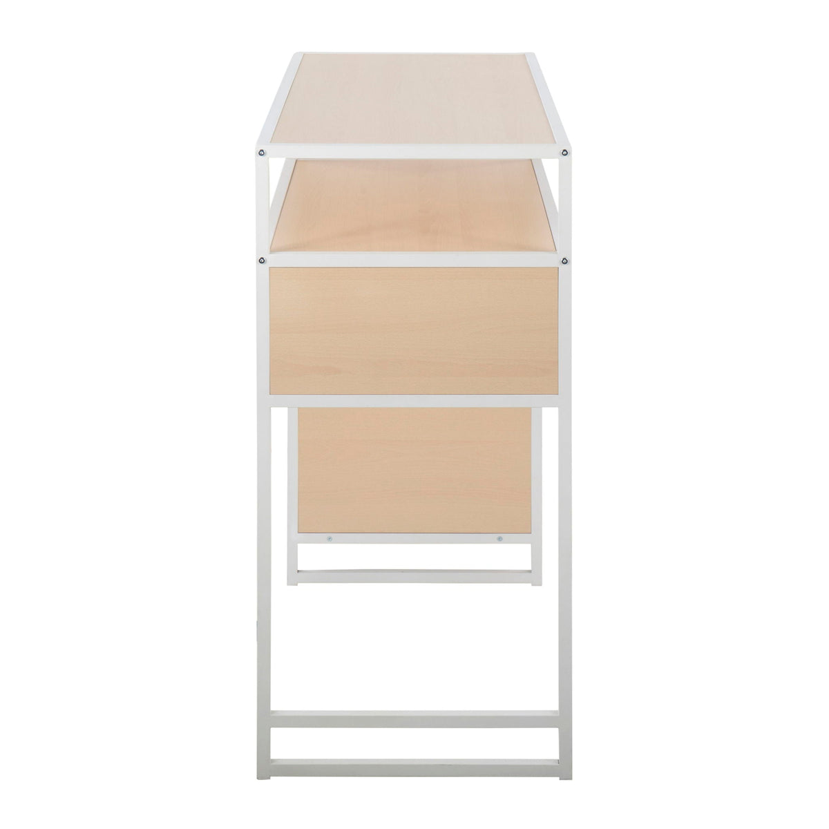 Farmhouse bar height table with storage space, light brown wood panels and white frame on Tampa Home & Garden Store