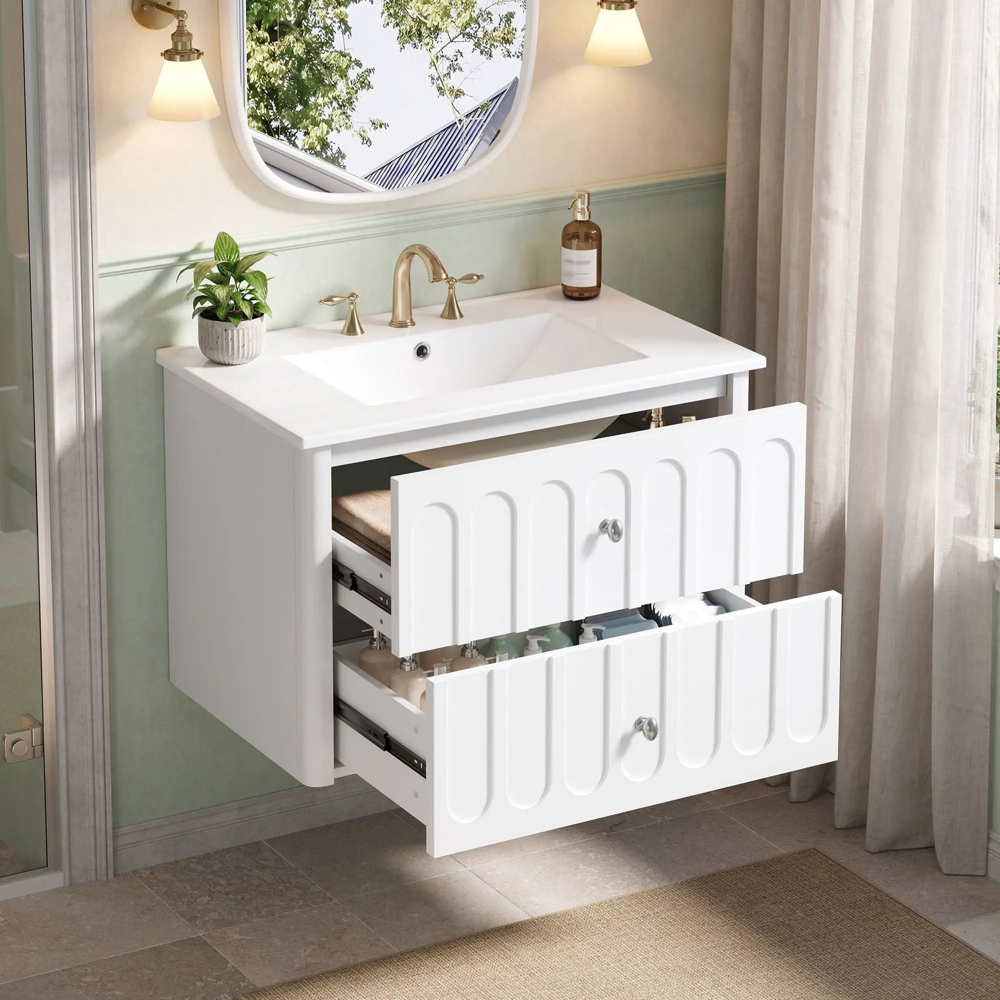 Floating white bathroom vanity by Unique Piece Furniture with oval knobs and round-edge doors on Tampa Home & Garden Store