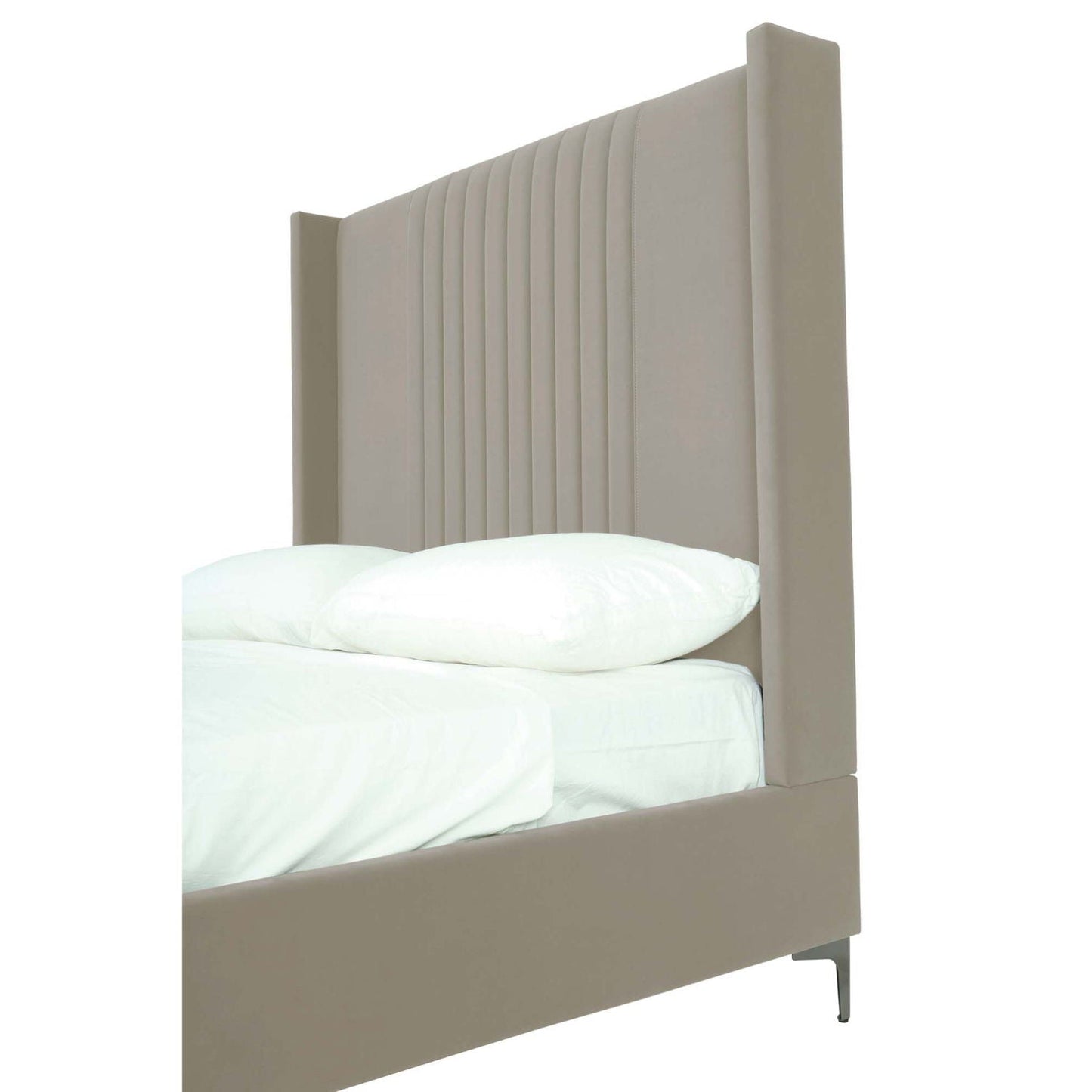 Promenade upholstered bed with tall channel headboard in taupe fabric, slatted base on Tampa Home & Garden Store