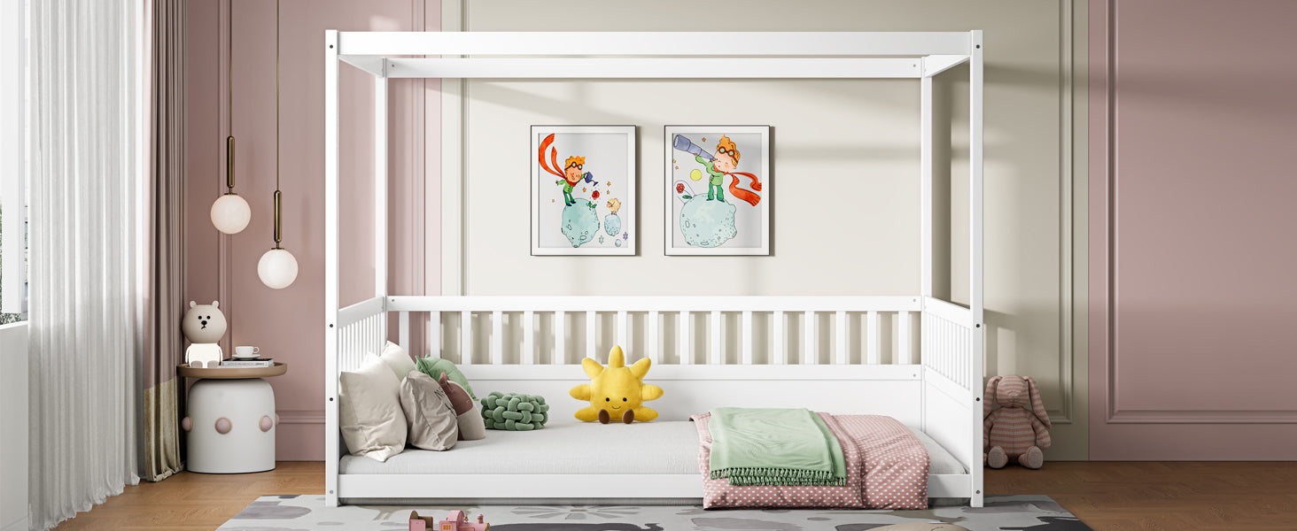 Full-size canopy bed frame with guardrails for kids, white, HouseOfZazla, slatted headboard on Tampa Home & Garden Store
