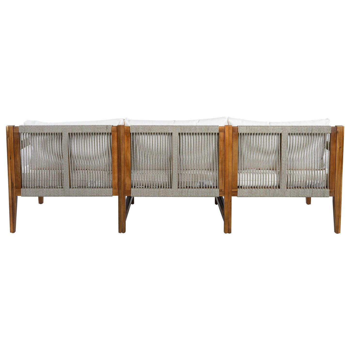 3 Piece Outdoor Sectional Sofa Set with wood frame gray woven panels white cushions on Tampa Home & Garden Store