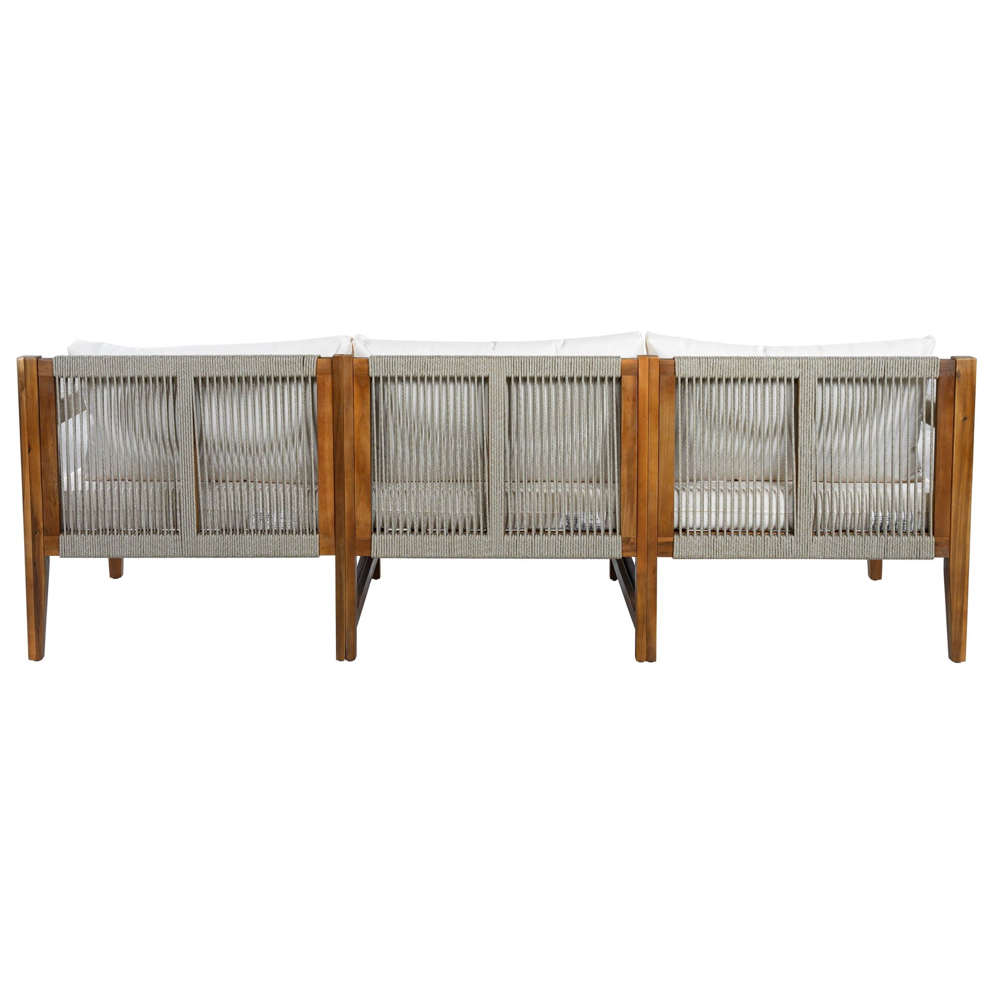 3 Piece Outdoor Sectional Sofa Set with wood frame gray woven panels white cushions on Tampa Home & Garden Store