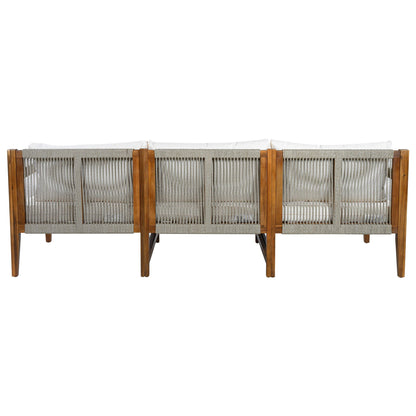 3 Piece Outdoor Sectional Sofa Set with wood frame gray woven panels white cushions on Tampa Home & Garden Store