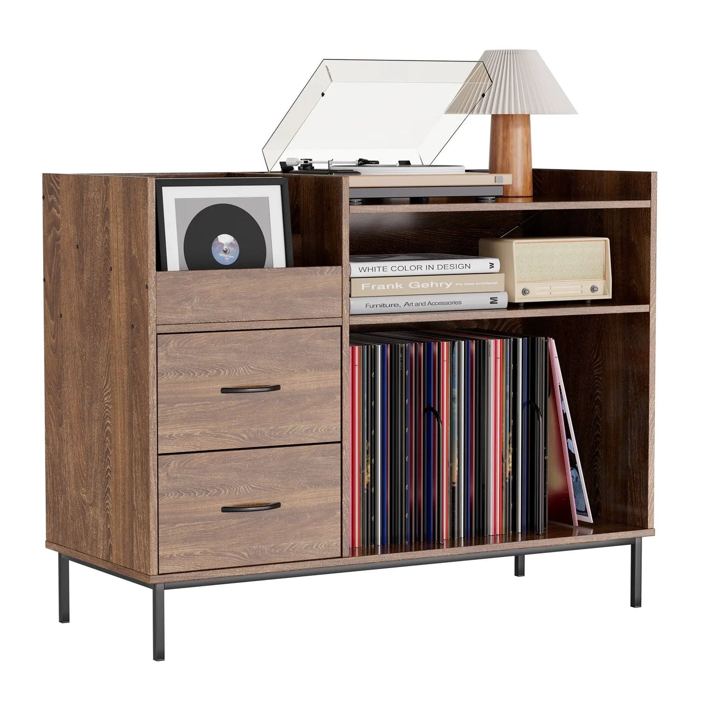 Vinyl record player stand with flip-top storage on a wooden sideboard with turntable and records on Tampa Home & Garden Store