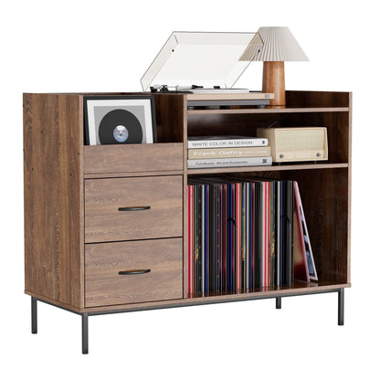 Vinyl record player stand with flip-top storage on a wooden sideboard with turntable and records on Tampa Home & Garden Store