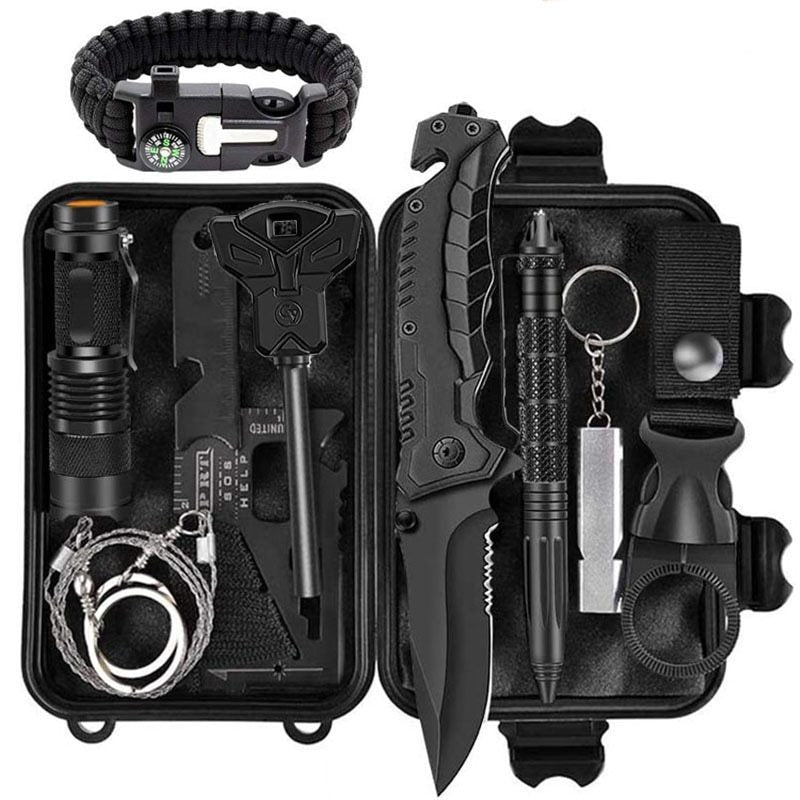 Outdoor survival tool set with black knife, flashlight in compact case on Tampa Home & Garden Store