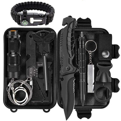 Outdoor survival tool set with black knife, flashlight in compact case on Tampa Home & Garden Store