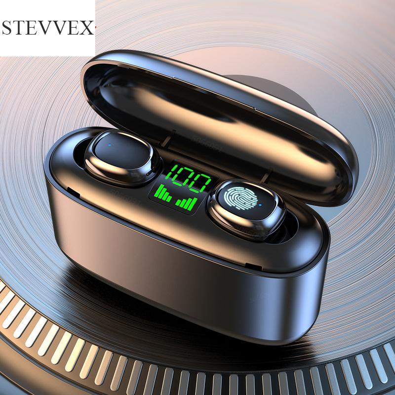 Stevvex wireless earbuds in gold-black charging case with LED display and touch control on Tampa Home & Garden Store