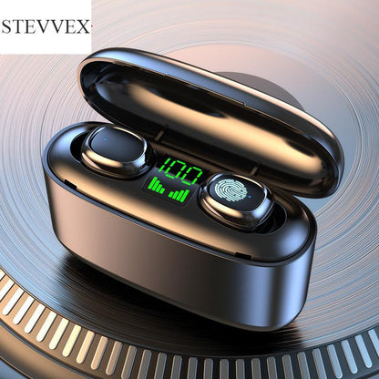 Stevvex wireless earbuds in gold-black charging case with LED display and touch control on Tampa Home & Garden Store