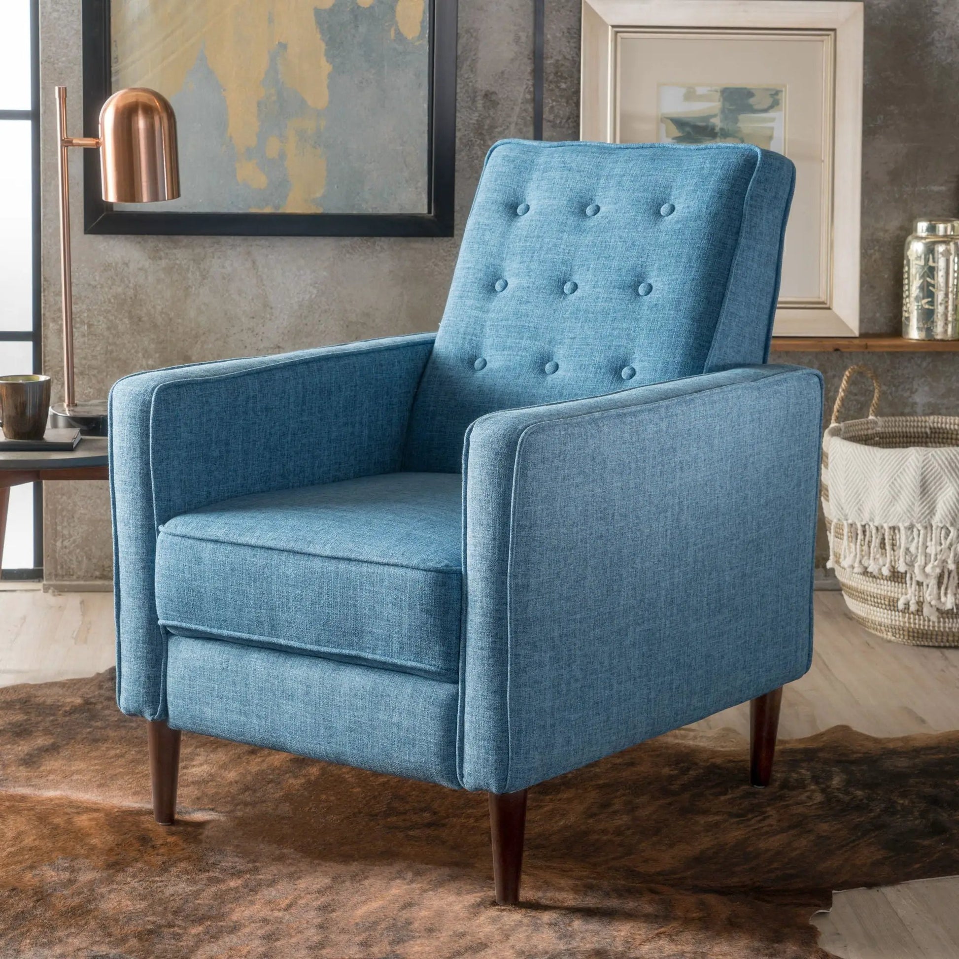 Mid-Century Modern Recliner With Button Tufted Waffle Stitch blue fabric and wooden legs on Tampa Home & Garden Store
