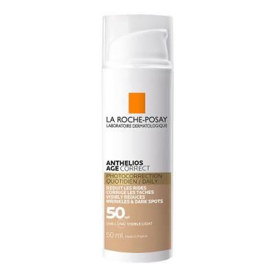 La Roche-Posay Anthelios Age Correct SPF50+ tinted foundation bottle, white pump beige label on Tampa Home & Garden Store
