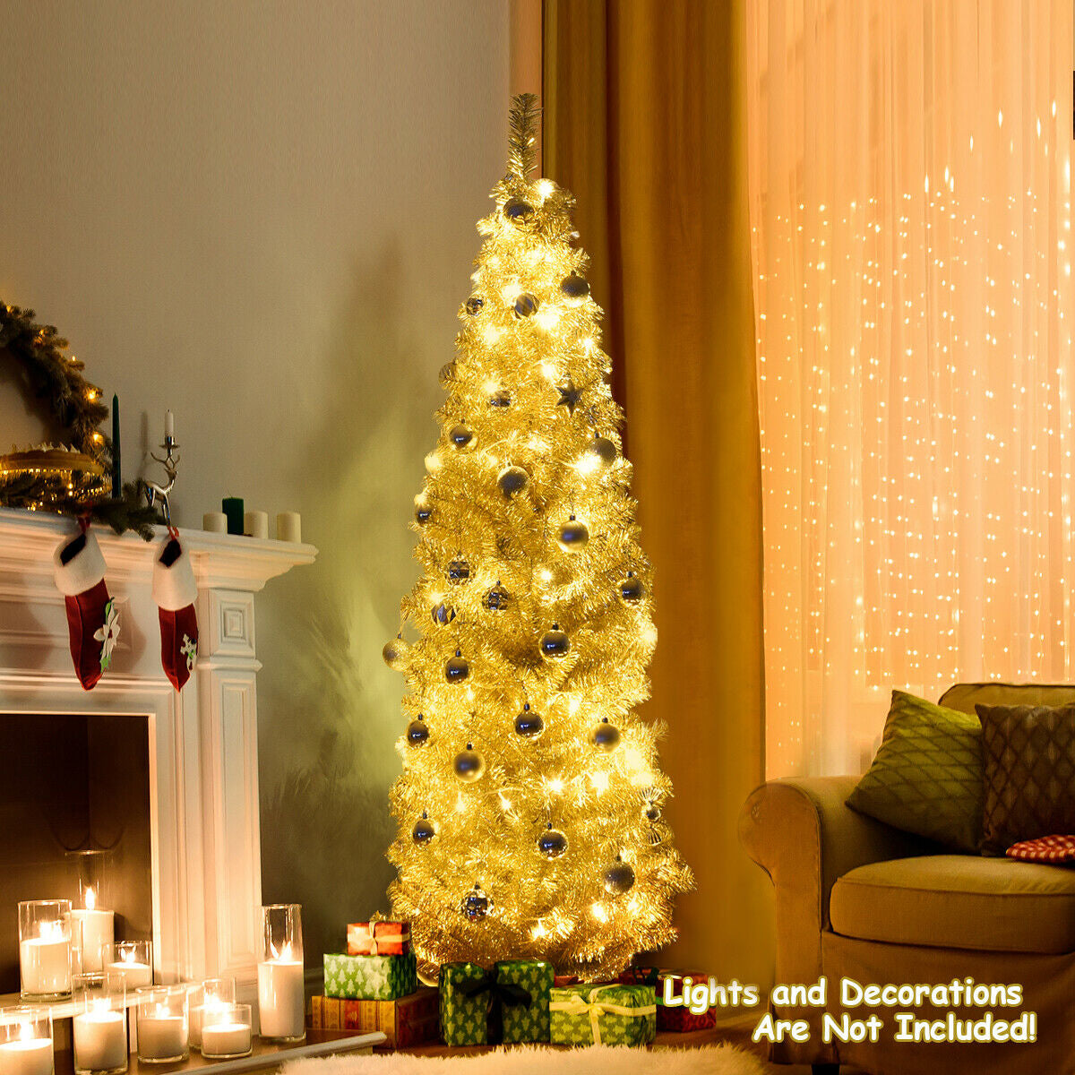 6 Feet DirectDeals tinsel slim pencil Christmas tree with warm lights gold on Tampa Home & Garden Store