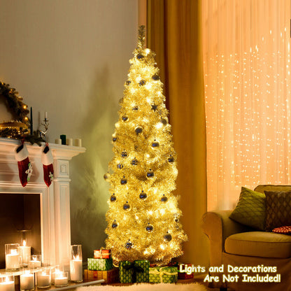 6 Feet DirectDeals tinsel slim pencil Christmas tree with warm lights gold on Tampa Home & Garden Store