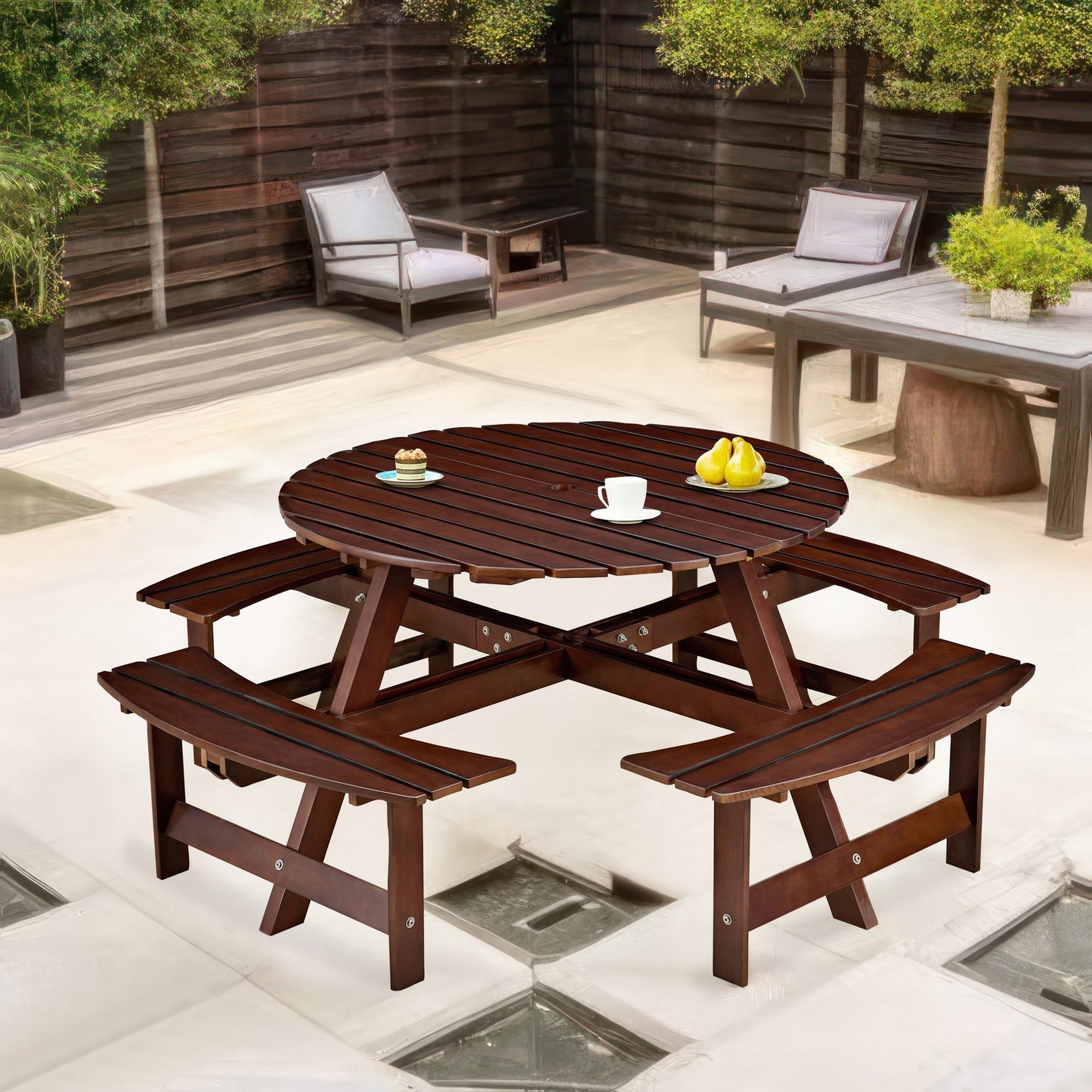 Outdoor 8-person round picnic table with built-in benches in dark brown wood by HouseOfZazla on Tampa Home & Garden Store
