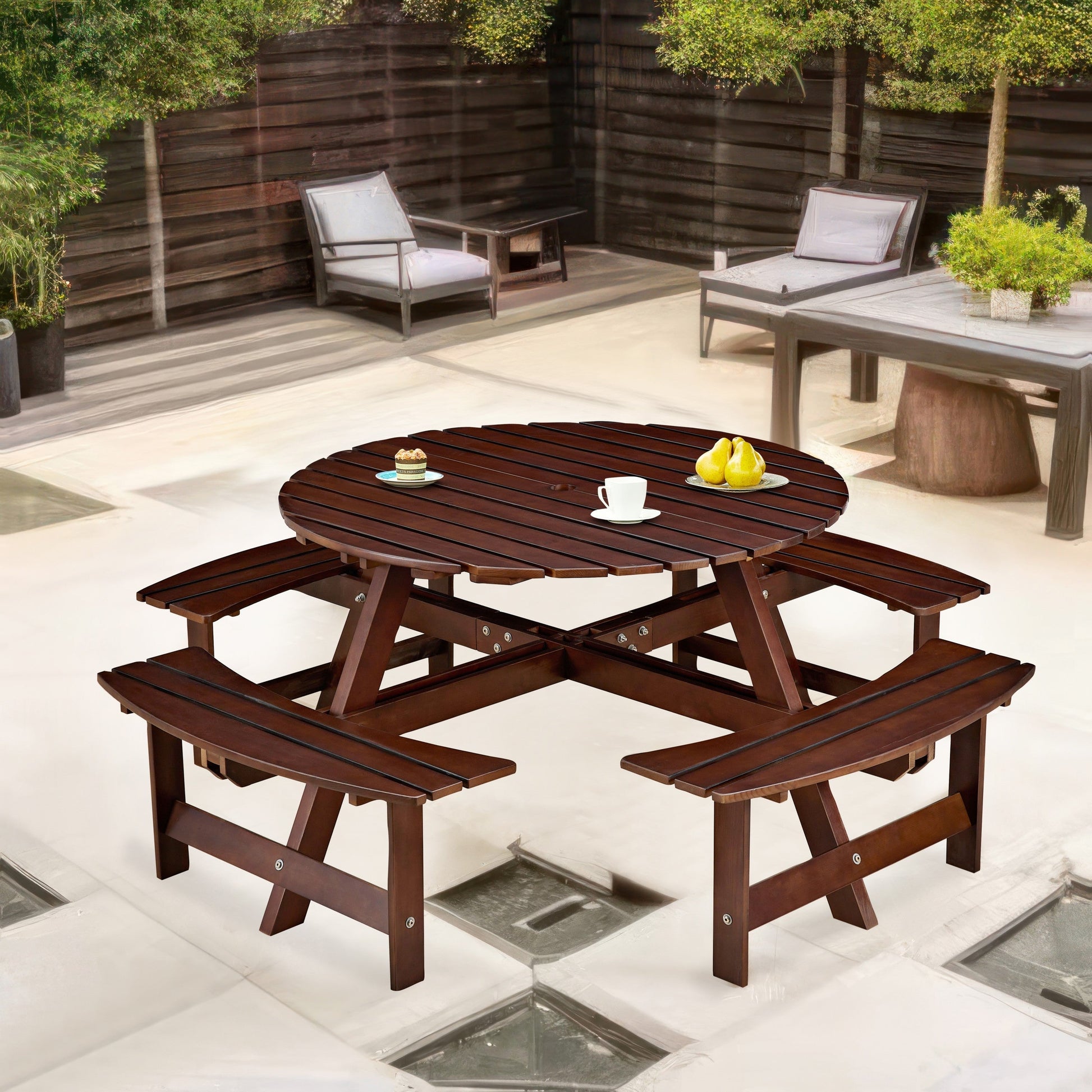 Outdoor 8-person round picnic table with built-in benches in dark brown wood by HouseOfZazla on Tampa Home & Garden Store